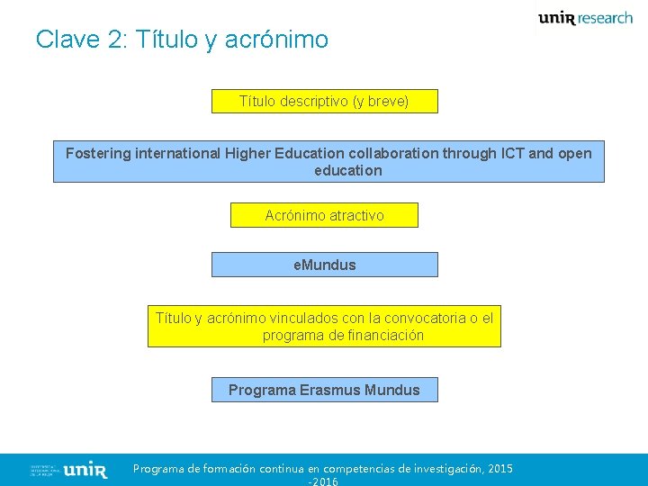 Clave 2: Título y acrónimo Título descriptivo (y breve) Fostering international Higher Education collaboration