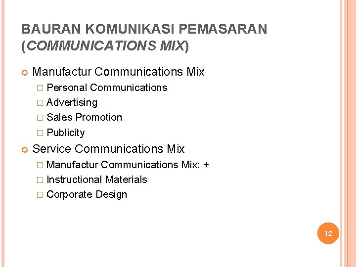 BAURAN KOMUNIKASI PEMASARAN (COMMUNICATIONS MIX) Manufactur Communications Mix � Personal Communications � Advertising �