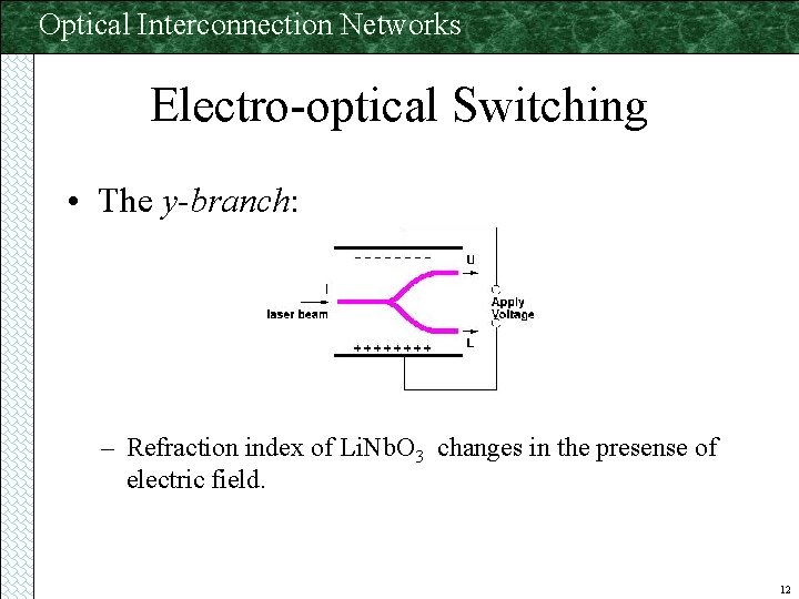 Optical Interconnection Networks Electro-optical Switching • The y-branch: – Refraction index of Li. Nb.