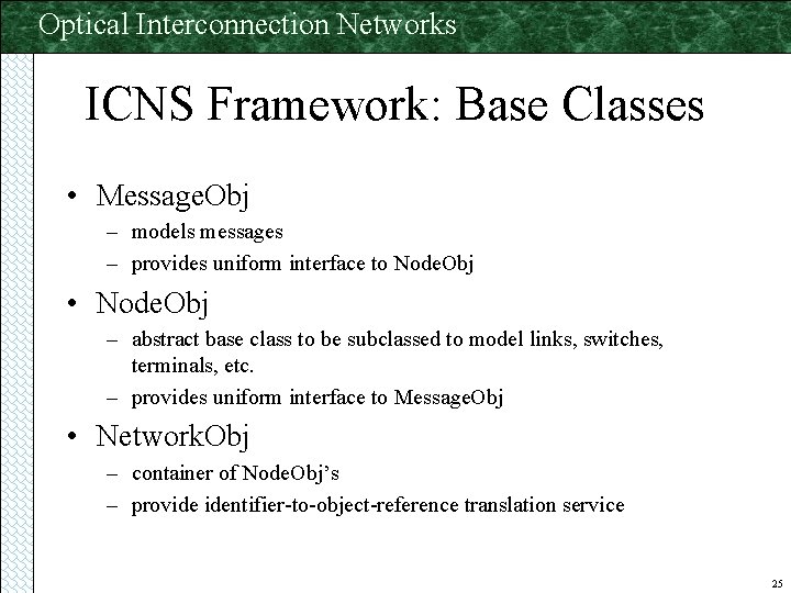Optical Interconnection Networks ICNS Framework: Base Classes • Message. Obj – models messages –