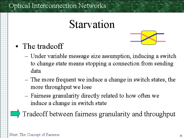 Optical Interconnection Networks Starvation • The tradeoff – Under variable message size assumption, inducing