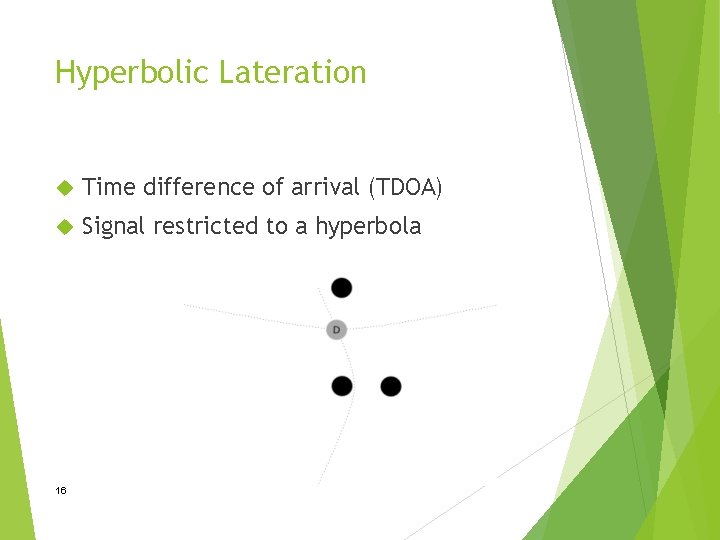 Hyperbolic Lateration Time difference of arrival (TDOA) Signal restricted to a hyperbola 16 