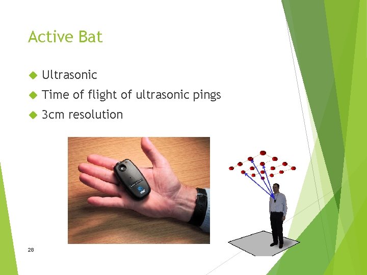 Active Bat Ultrasonic Time of flight of ultrasonic pings 3 cm resolution 28 