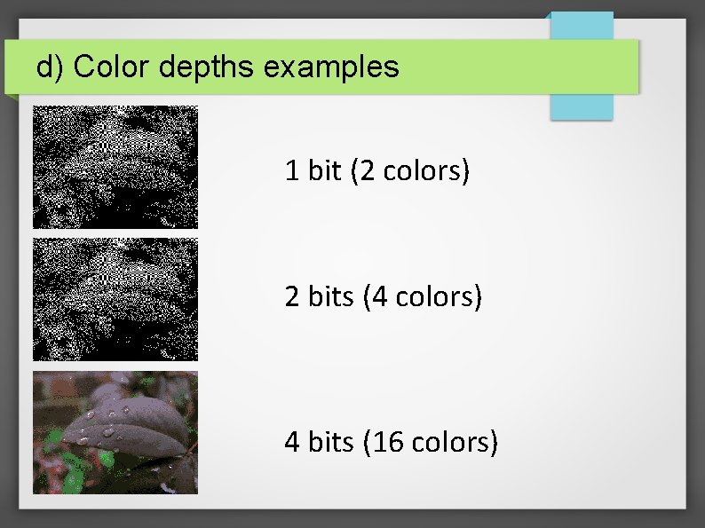 d) Color depths examples 1 bit (2 colors) 2 bits (4 colors) 4 bits