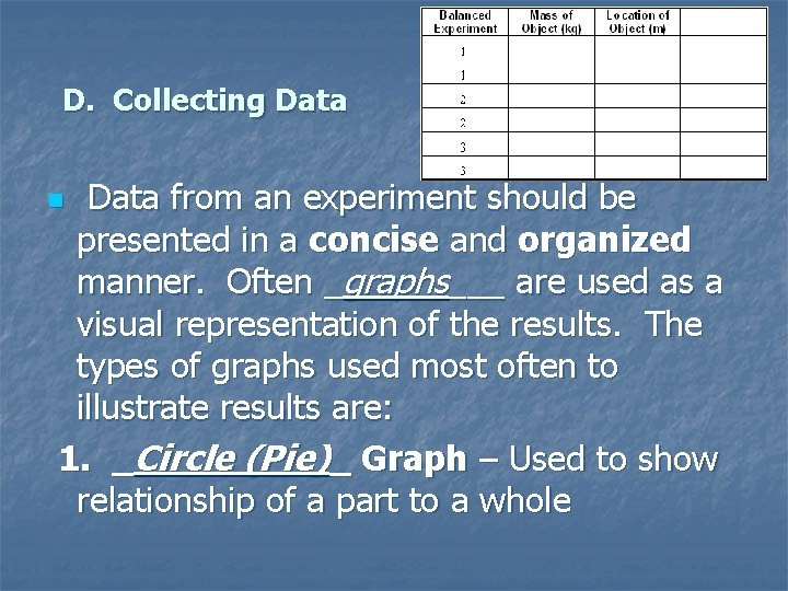 D. Collecting Data from an experiment should be presented in a concise and organized