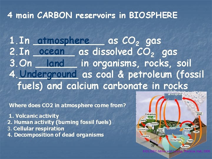 4 main CARBON reservoirs in BIOSPHERE 1. In ______ atmosphere as CO 2 gas