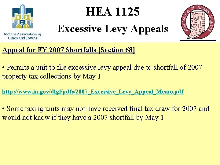 HEA 1125 Excessive Levy Appeals Appeal for FY 2007 Shortfalls [Section 68] • Permits
