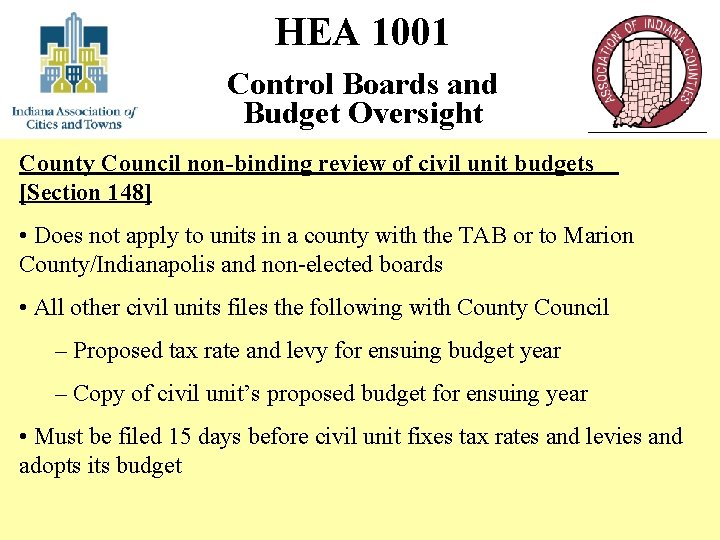 HEA 1001 Control Boards and Budget Oversight County Council non-binding review of civil unit