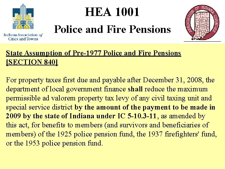HEA 1001 Police and Fire Pensions State Assumption of Pre-1977 Police and Fire Pensions