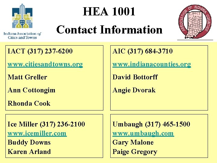 HEA 1001 Contact Information IACT (317) 237 -6200 AIC (317) 684 -3710 www. citiesandtowns.
