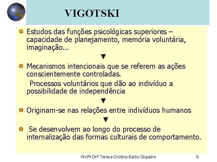 VIGOTSKI Estudos das funções psicológicas superiores – capacidade de planejamento, memória voluntária, imaginação. .