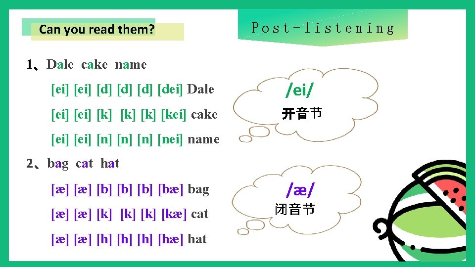 Can you read them? Post-listening 1、Dale cake name [ei] [d] [d] [dei] Dale /ei/
