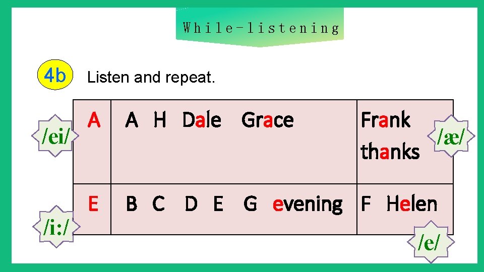 While-listening 4 b /ei/ /i: / Listen and repeat. A A H Dale Grace