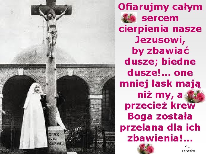 Ofiarujmy całym sercem cierpienia nasze Jezusowi, by zbawiać dusze; biedne dusze!. . . one