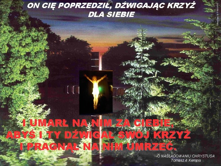 ON CIĘ POPRZEDZIŁ, DŹWIGAJĄC KRZYŻ DLA SIEBIE I UMARŁ NA NIM ZA CIEBIE, ABYŚ