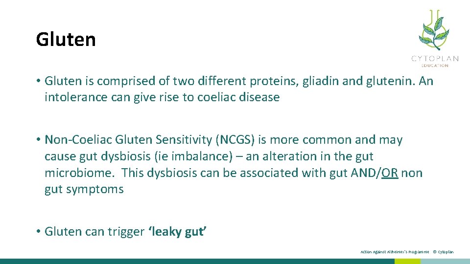 Gluten • Gluten is comprised of two different proteins, gliadin and glutenin. An intolerance