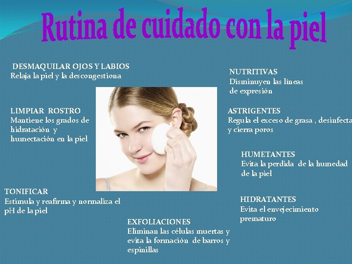 DESMAQUILAR OJOS Y LABIOS Relaja la piel y la descongestiona LIMPIAR ROSTRO Mantiene los