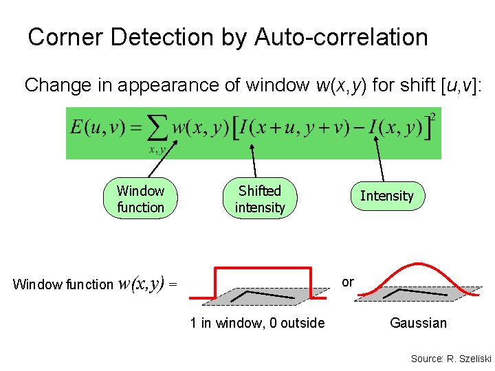 Corner Detection by Auto-correlation Change in appearance of window w(x, y) for shift [u,