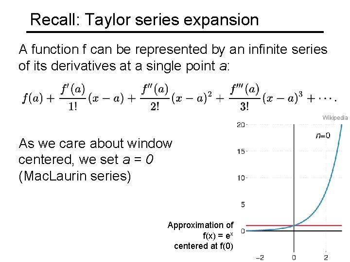 Recall: Taylor series expansion A function f can be represented by an infinite series