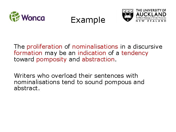 Example The proliferation of nominalisations in a discursive formation may be an indication of Example The proliferation of nominalisations in a discursive formation may be an indication of
