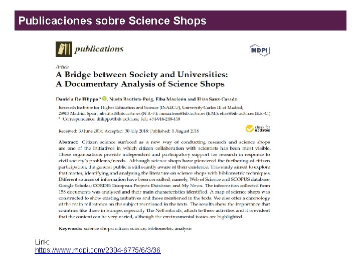 Publicaciones sobre Science Shops Link: Enhancing the Responsible and Sustainable Expansion of the Science