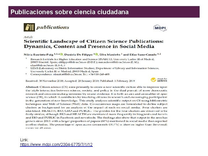 Publicaciones sobre ciencia ciudadana Link: Enhancing the Responsible and Sustainable Expansion of the Science