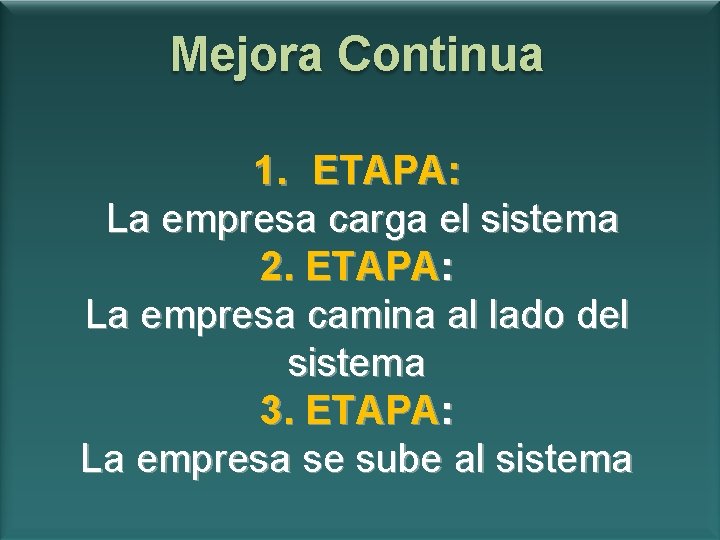 Mejora Continua 1. ETAPA: La empresa carga el sistema 2. ETAPA: La empresa camina