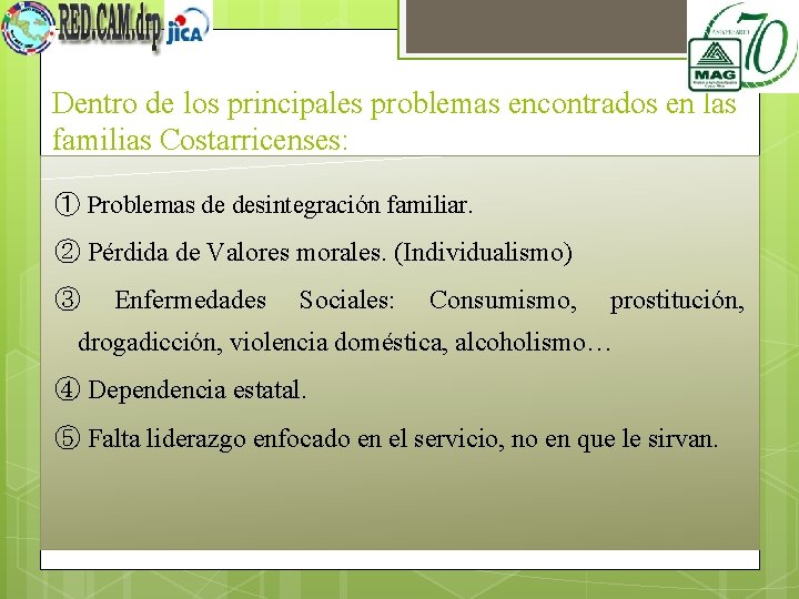 Dentro de los principales problemas encontrados en las familias Costarricenses: ① Problemas de desintegración