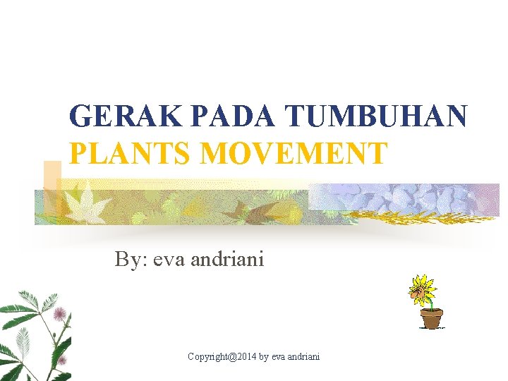 GERAK PADA TUMBUHAN PLANTS MOVEMENT By: eva andriani Copyright@2014 by eva andriani 