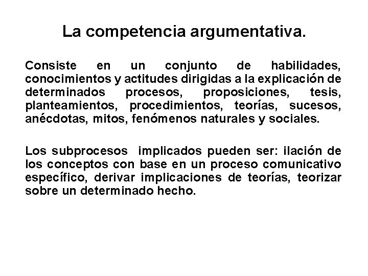 La competencia argumentativa. Consiste en un conjunto de habilidades, conocimientos y actitudes dirigidas a