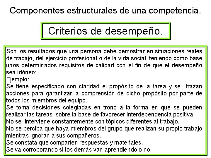 Componentes estructurales de una competencia. Criterios de desempeño. Son los resultados que una persona