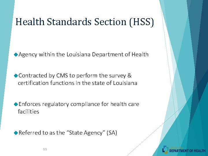 Health Standards Section (HSS) Agency within the Louisiana Department of Health Contracted by CMS Health Standards Section (HSS) Agency within the Louisiana Department of Health Contracted by CMS