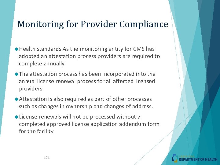 Monitoring for Provider Compliance Health standards As the monitoring entity for CMS has adopted