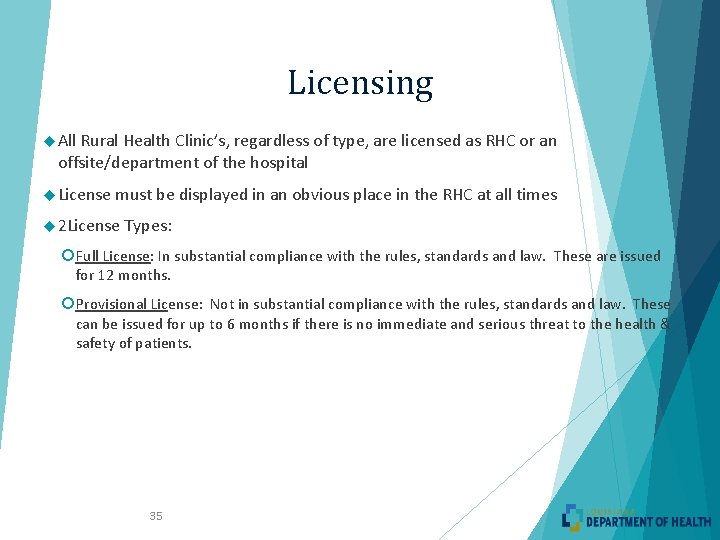 Licensing All Rural Health Clinic’s, regardless of type, are licensed as RHC or an