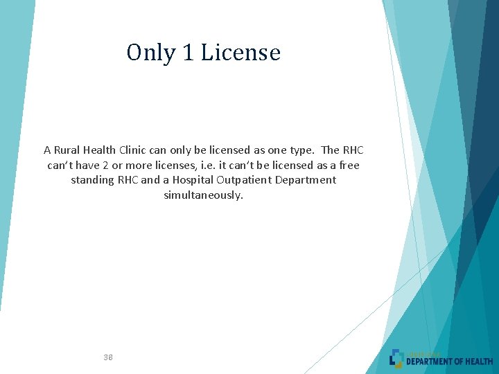 Only 1 License A Rural Health Clinic can only be licensed as one type. Only 1 License A Rural Health Clinic can only be licensed as one type.