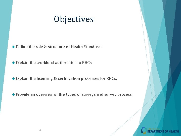 Objectives Define the role & structure of Health Standards Explain the workload as it