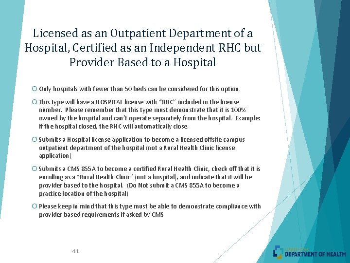 Licensed as an Outpatient Department of a Hospital, Certified as an Independent RHC but