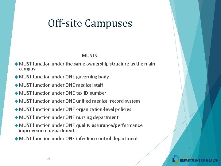 Off-site Campuses MUSTS: MUST function under the same ownership structure as the main campus Off-site Campuses MUSTS: MUST function under the same ownership structure as the main campus