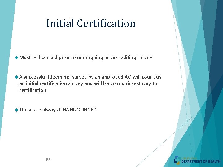 Initial Certification Must be licensed prior to undergoing an accrediting survey A successful (deeming)