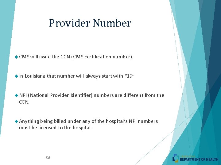 Provider Number CMS will issue the CCN (CMS certification number). In Louisiana that number