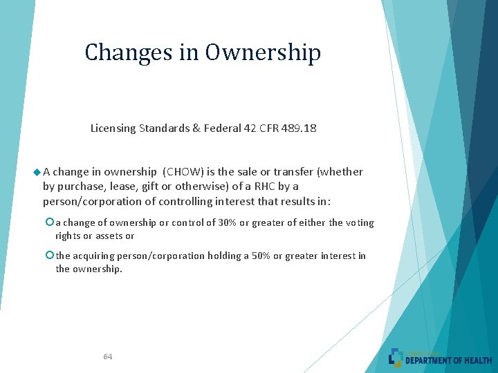 Changes in Ownership Licensing Standards & Federal 42 CFR 489. 18 A change in