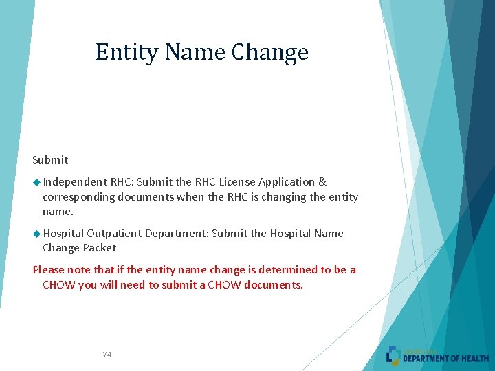 Entity Name Change Submit Independent RHC: Submit the RHC License Application & corresponding documents