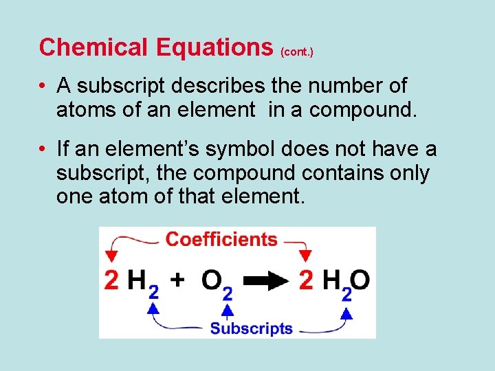 Chemical Equations (cont. ) • A subscript describes the number of atoms of an