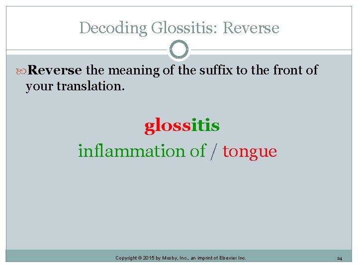 Decoding Glossitis: Reverse the meaning of the suffix to the front of your translation. Decoding Glossitis: Reverse the meaning of the suffix to the front of your translation.