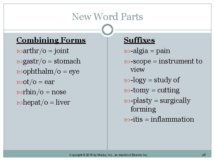 New Word Parts Combining Forms arthr/o = joint gastr/o = stomach ophthalm/o = eye New Word Parts Combining Forms arthr/o = joint gastr/o = stomach ophthalm/o = eye
