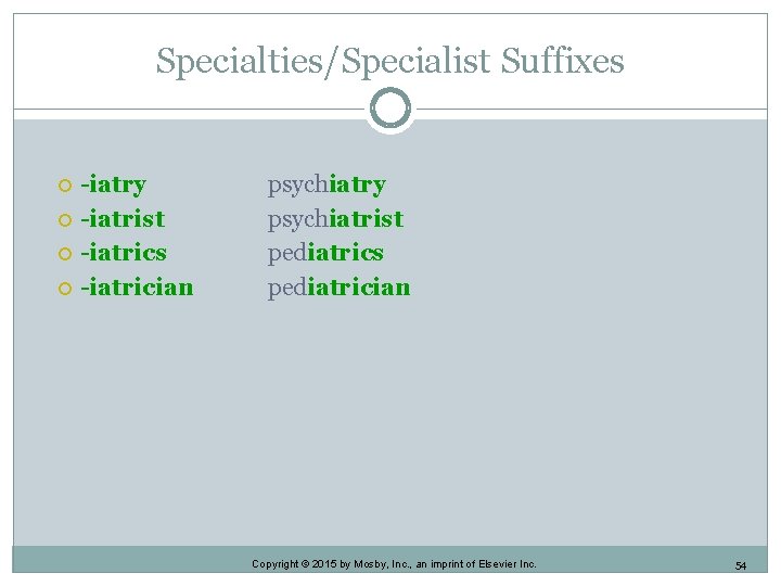 Specialties/Specialist Suffixes -iatry -iatrist -iatrics -iatrician psychiatry psychiatrist pediatrics pediatrician Copyright © 2015 by Specialties/Specialist Suffixes -iatry -iatrist -iatrics -iatrician psychiatry psychiatrist pediatrics pediatrician Copyright © 2015 by