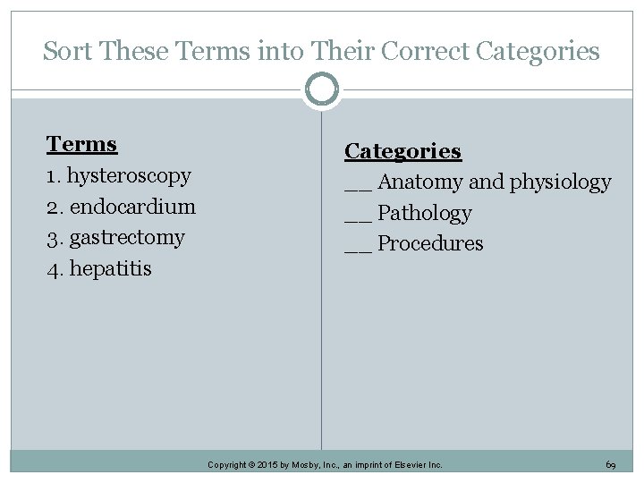 Sort These Terms into Their Correct Categories Terms 1. hysteroscopy 2. endocardium 3. gastrectomy Sort These Terms into Their Correct Categories Terms 1. hysteroscopy 2. endocardium 3. gastrectomy