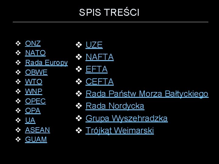 SPIS TREŚCI v ONZ v NATO v Rada Europy v OBWE v WTO v