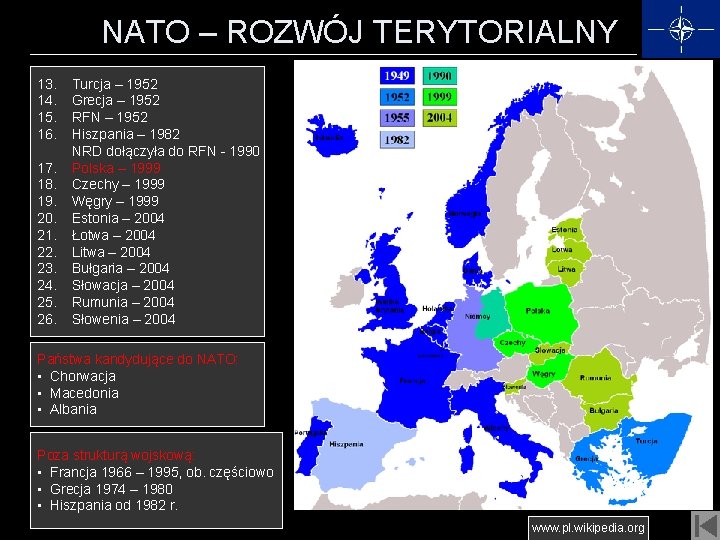 NATO – ROZWÓJ TERYTORIALNY 13. Turcja – 1952 14. Grecja – 1952 15. RFN