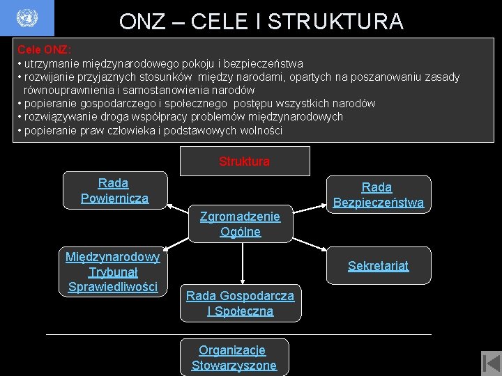 ONZ – CELE I STRUKTURA Cele ONZ: • utrzymanie międzynarodowego pokoju i bezpieczeństwa •